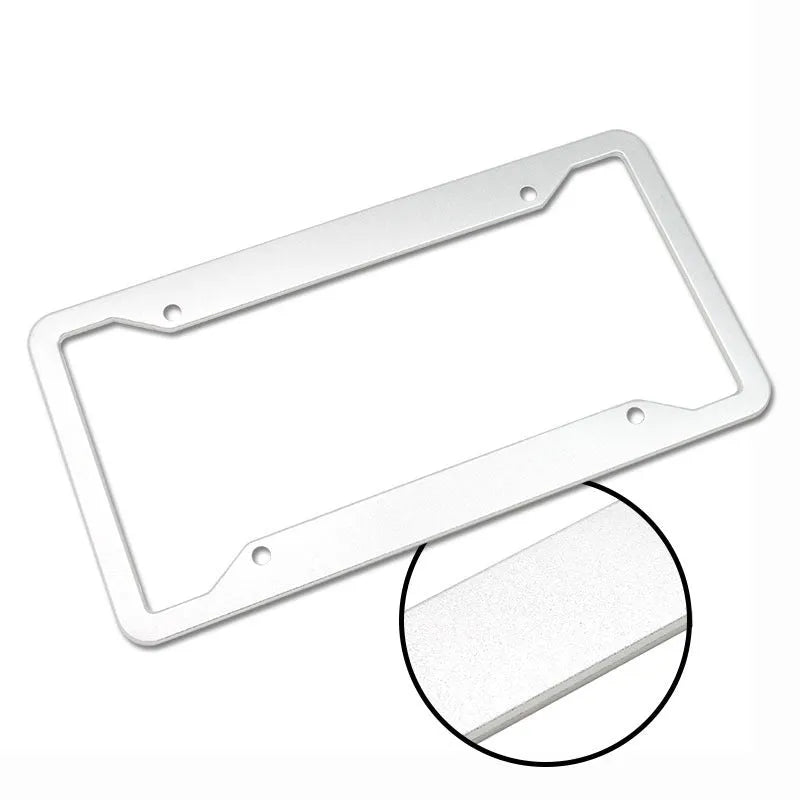 Aluminum alloy license plate frame in four colour options showing dimensions