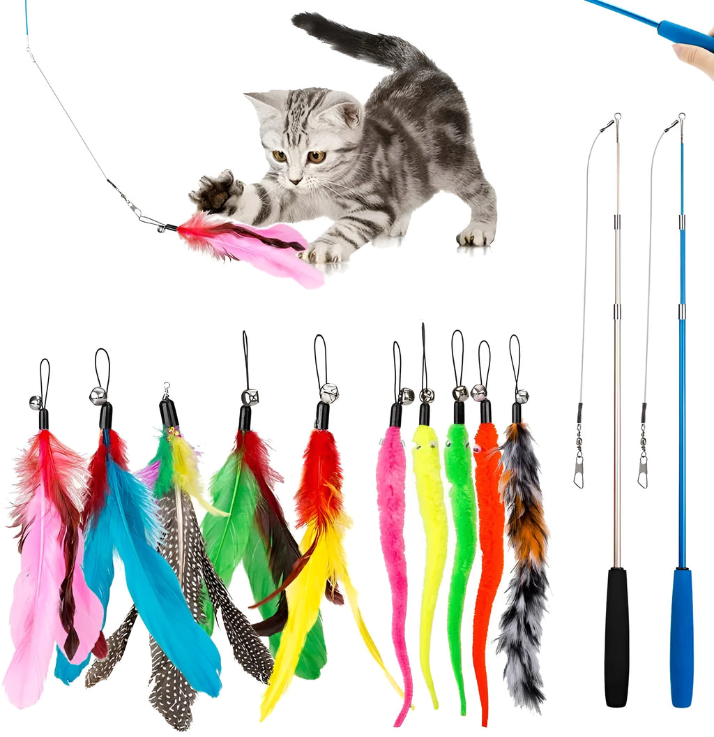 Cat teasing pole set showing two collapsible fishing rod toys with feather attachments and a pack of ten spare heads.