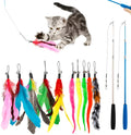 Cat teasing pole set showing two collapsible fishing rod toys with feather attachments and a pack of ten spare heads.