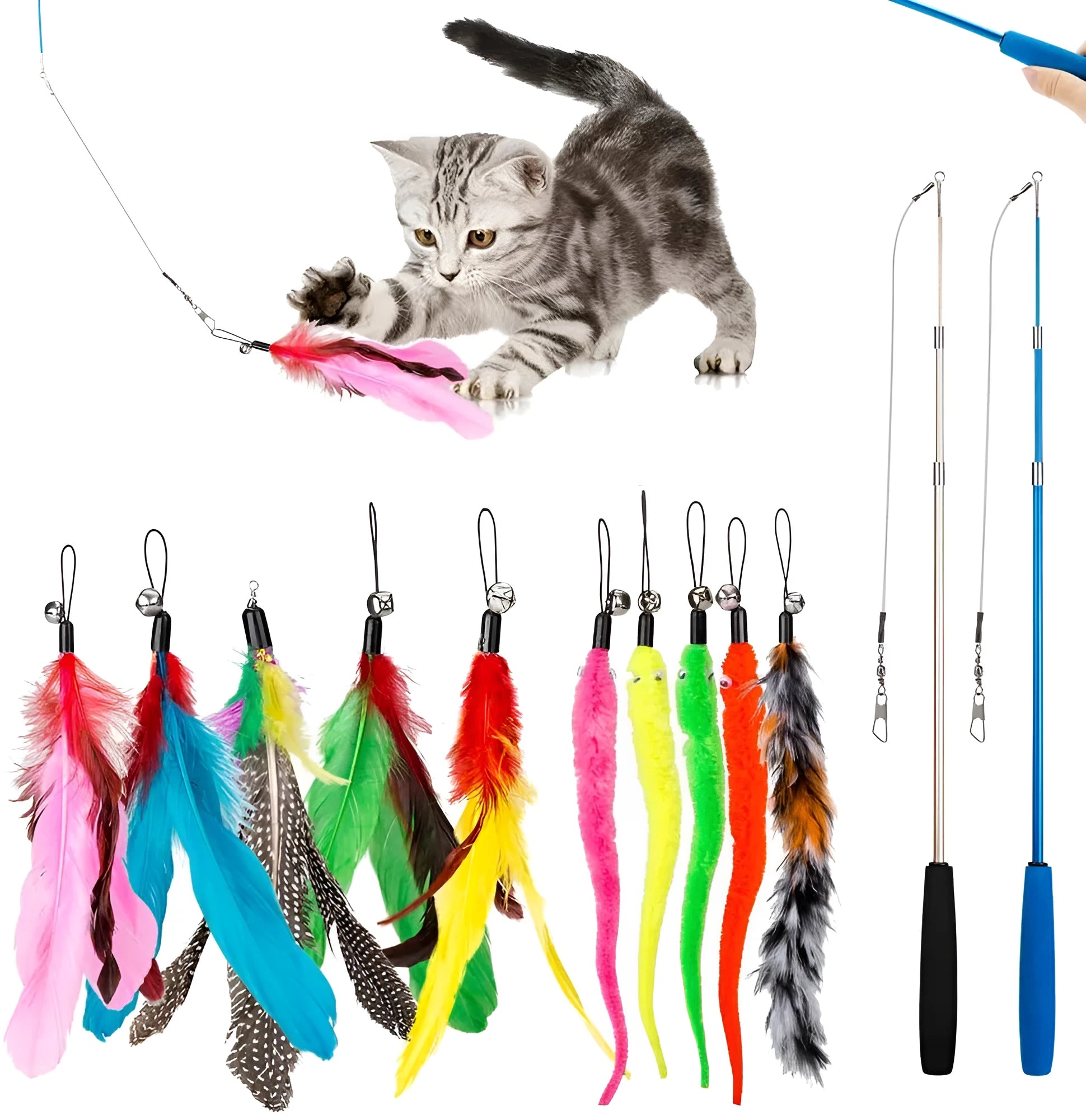Cat teasing pole set showing two collapsible fishing rod toys with feather attachments and a pack of ten spare heads.