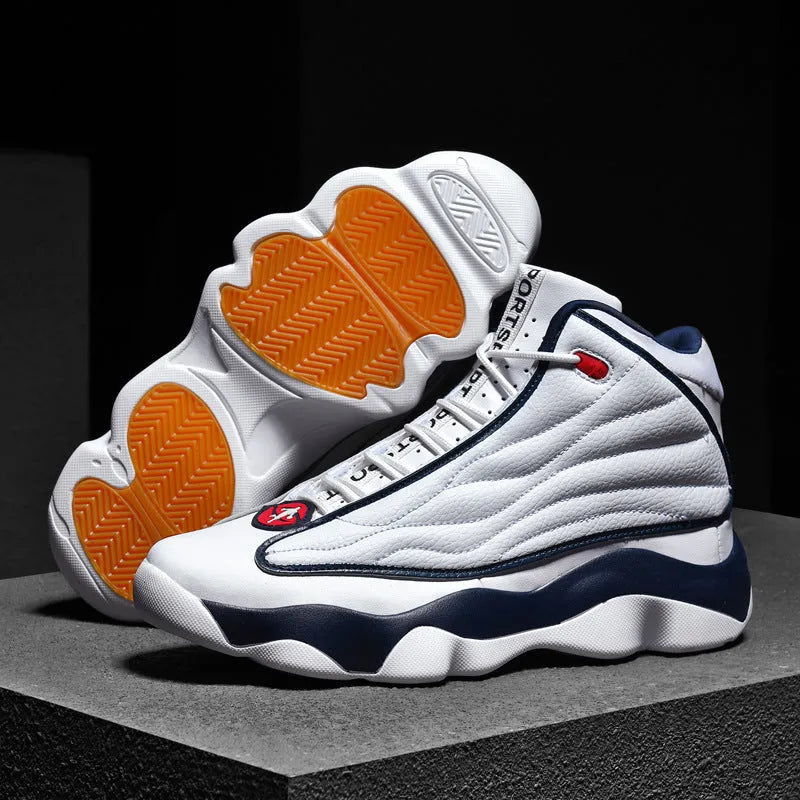 High-top basketball shoes with mesh upper and thick rubber sole in AJ13 colour options