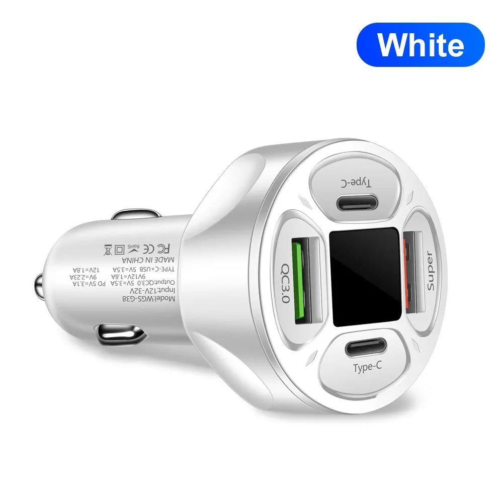 66W black digital display car charger with two USB and two Type-C ports showing voltage readout.
