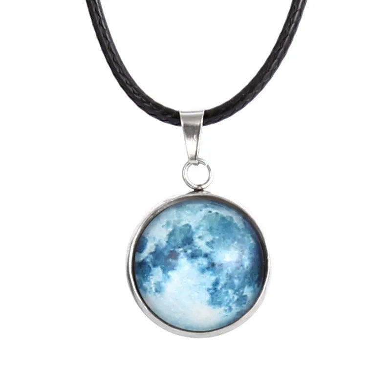 Luminous moon and night sky constellation pendant necklace on an alloy chain, simple unisex style.