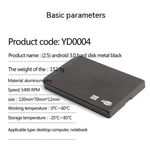 Black USB 3.0 portable solid state drive with metal housing on a desk.