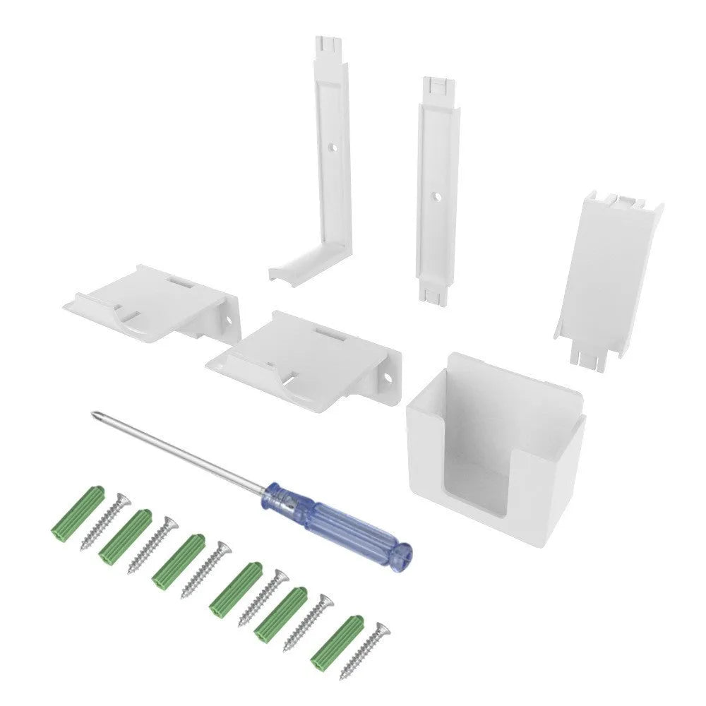White wall-mounted plastic hook holding a game controller and a TV remote control.