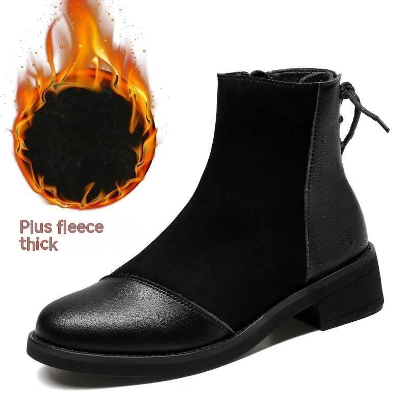 Black knee-high Martin boots for women with side zipper and round toe