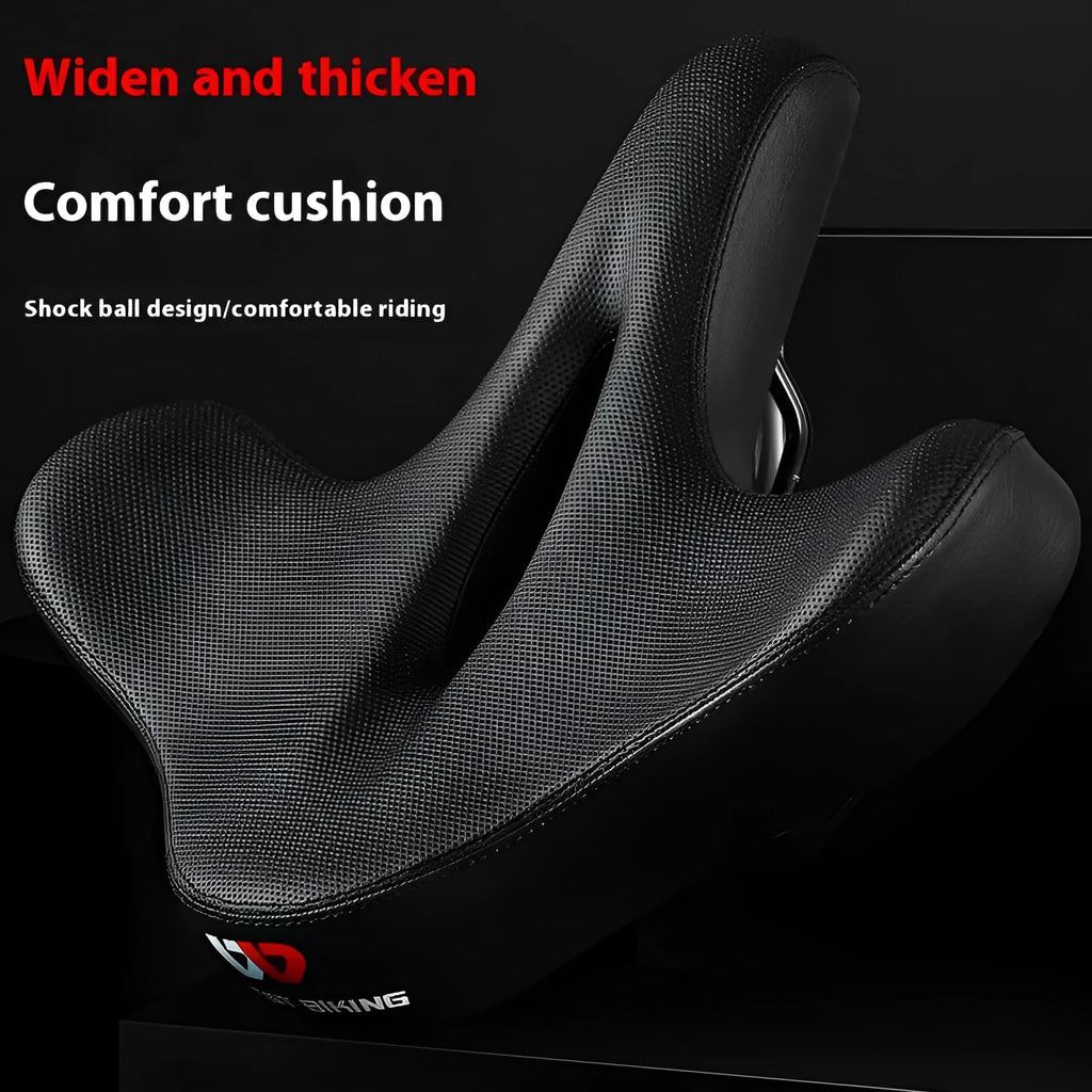 Black leather bicycle saddle cushion with polyurethane foam padding shown on a bicycle seat