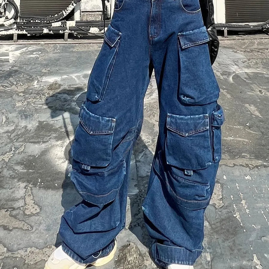 Dark blue distressed wide-leg jeans with high waist and multiple pockets