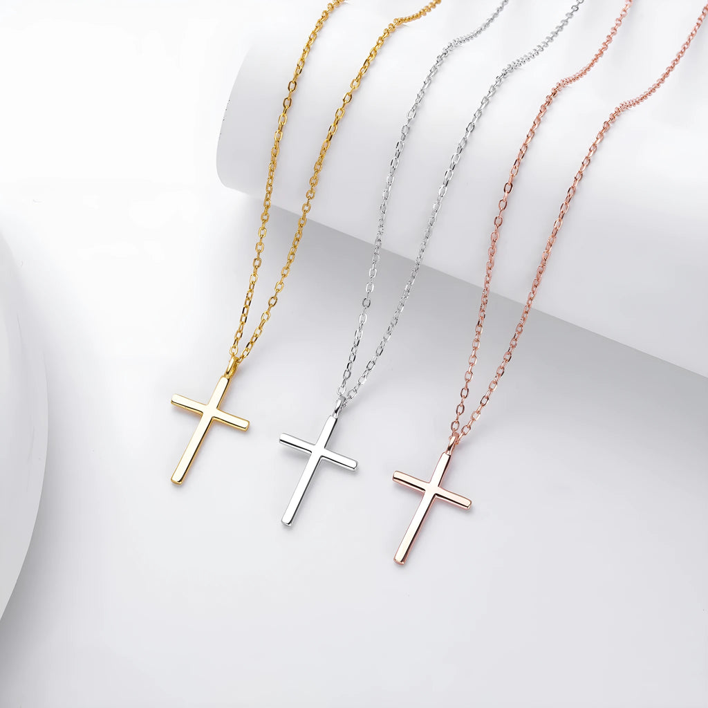 S925 sterling silver necklace with simple cross pendant on O-shaped chain in gold plating