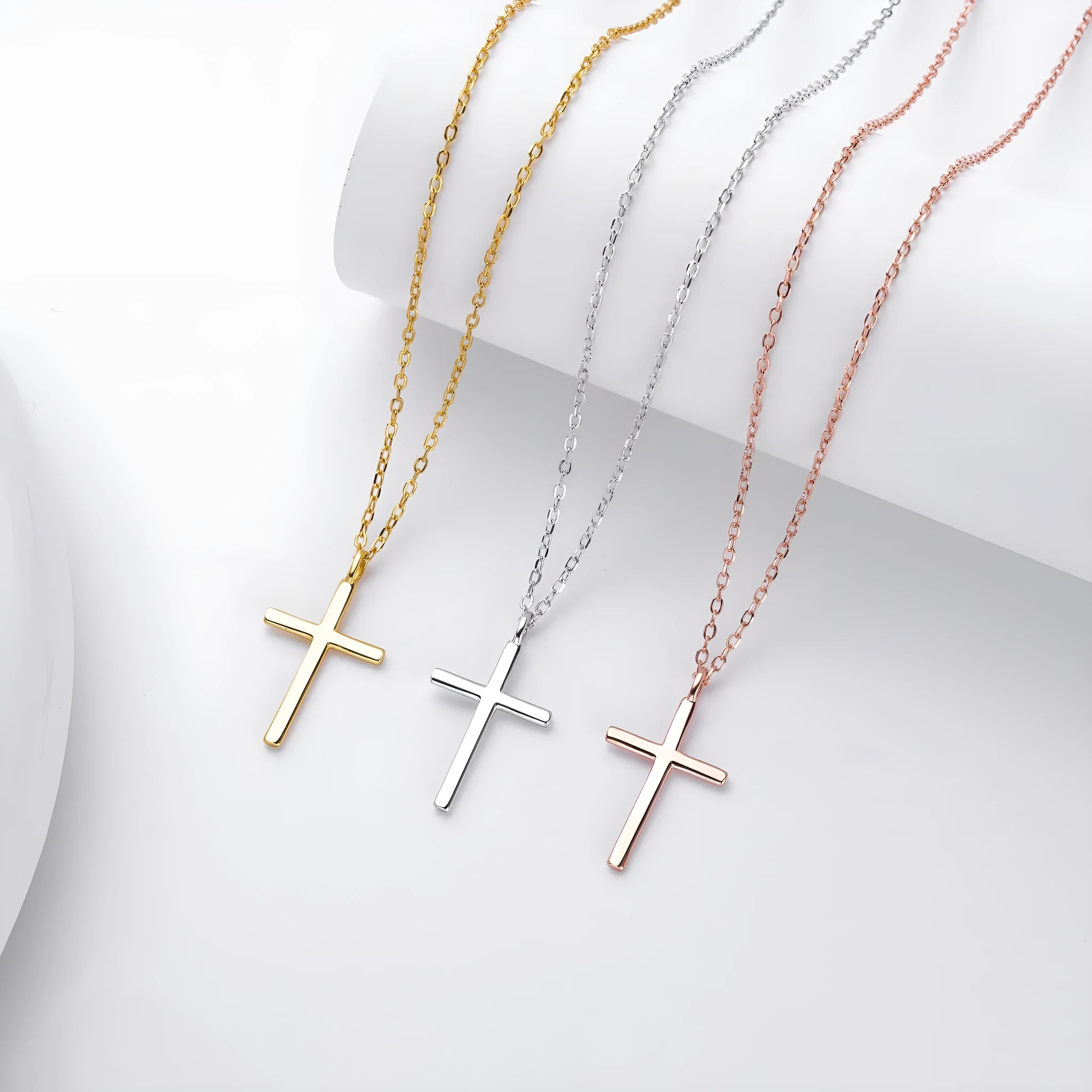 S925 sterling silver necklace with simple cross pendant on O-shaped chain in gold plating