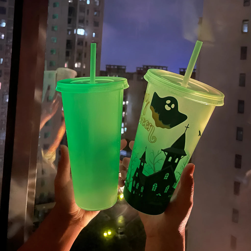 720ml Halloween plastic sippy cup with luminous straw showing cylindrical shape and six colour options