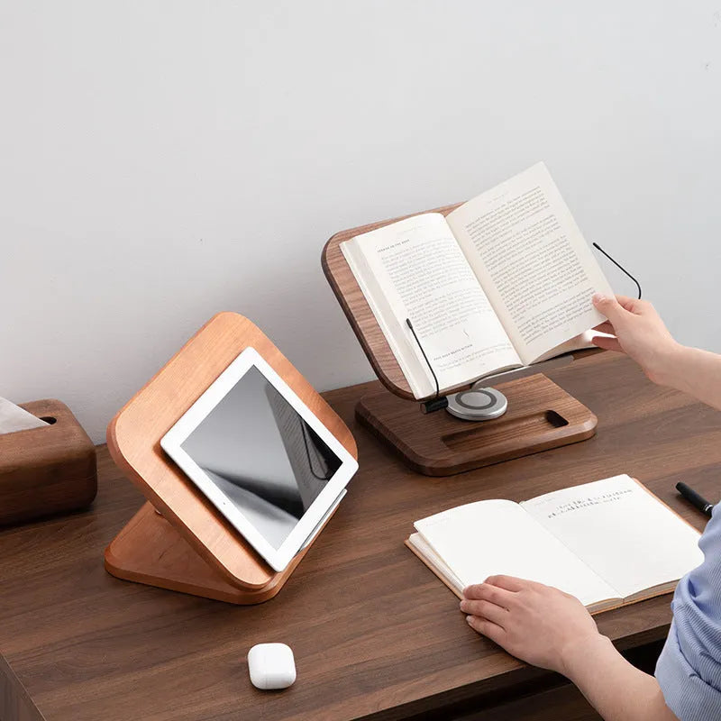 Solid wood adjustable reading rack in walnut colour holding a book at an angle.