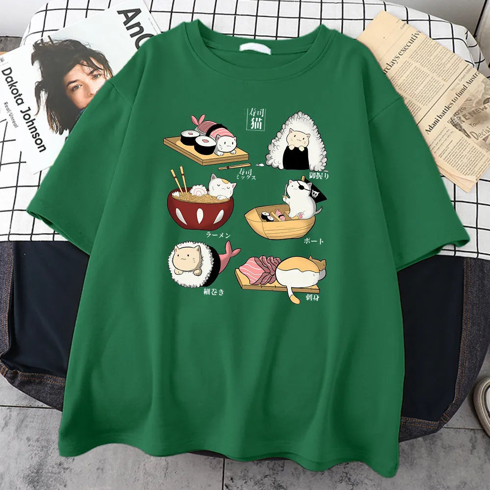 Men's grey Cat Sushi cartoon graphic printed on a loose-fit cotton short-sleeve T-shirt.