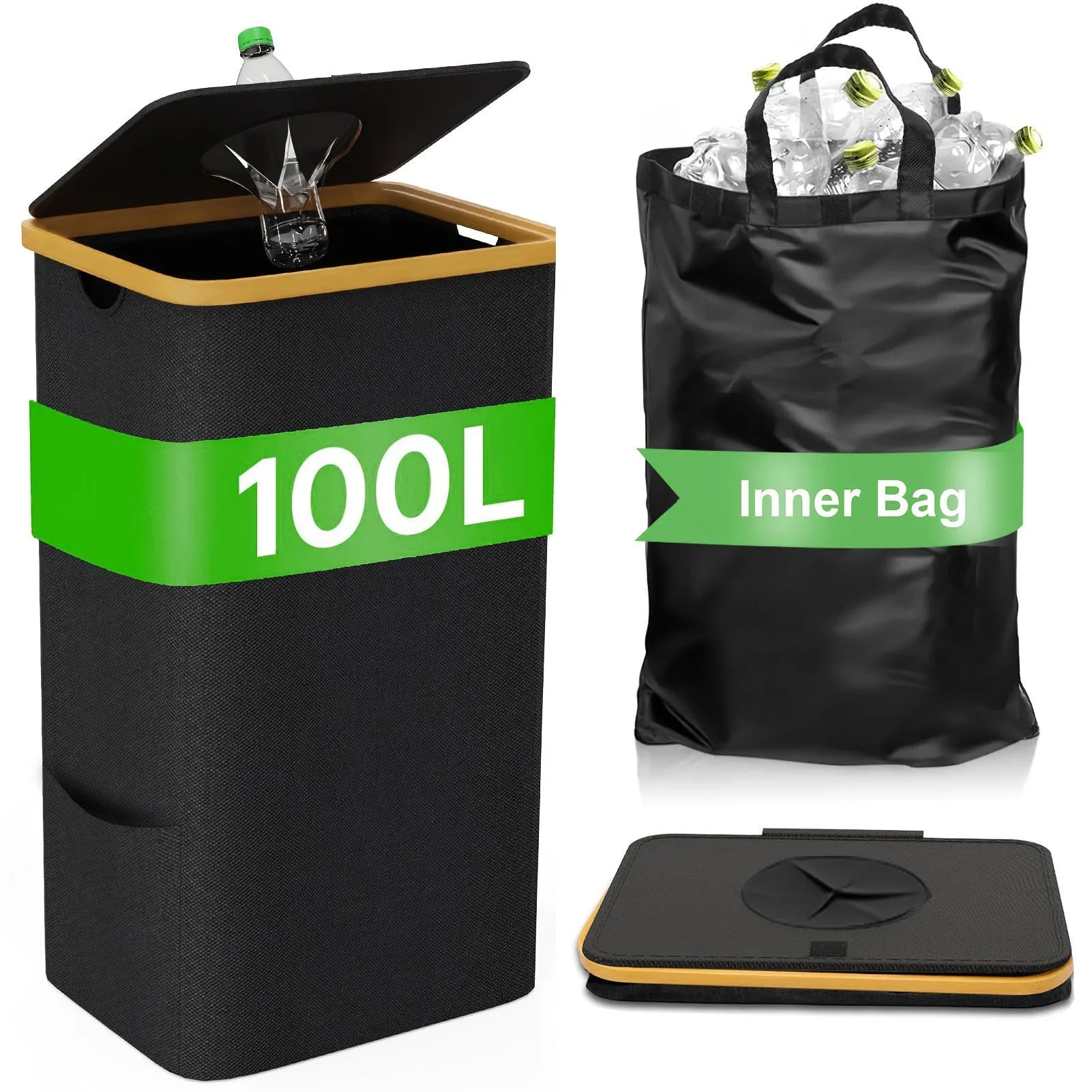 Black bamboo-pattern storage basket with removable lid and two inner pockets for organisation.