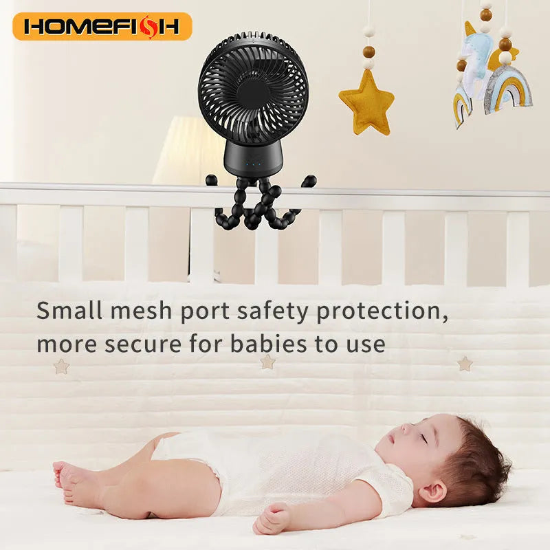HOMEFISH F2 automatic shake head fan with LED light and removable bracket mounted on a pram