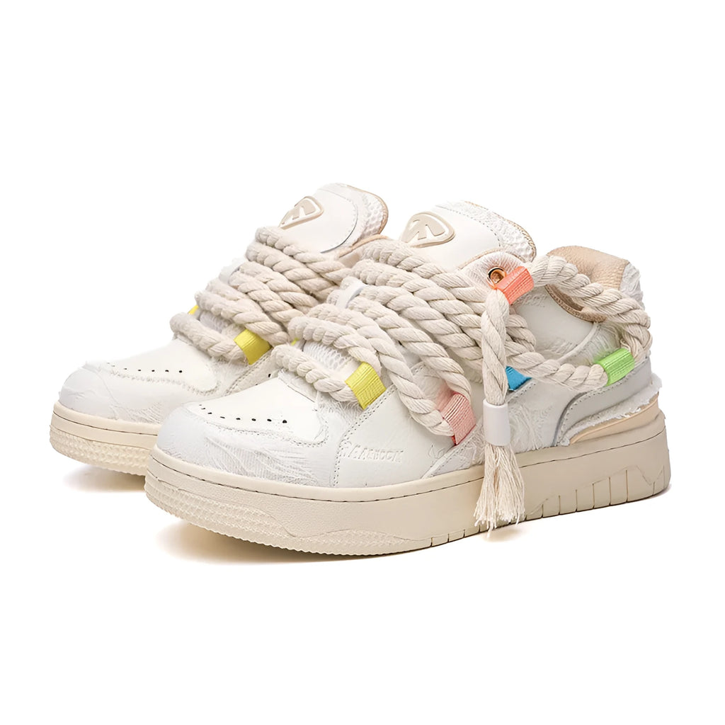 Creamy white retro low-top skate shoes with platform heel and round toe