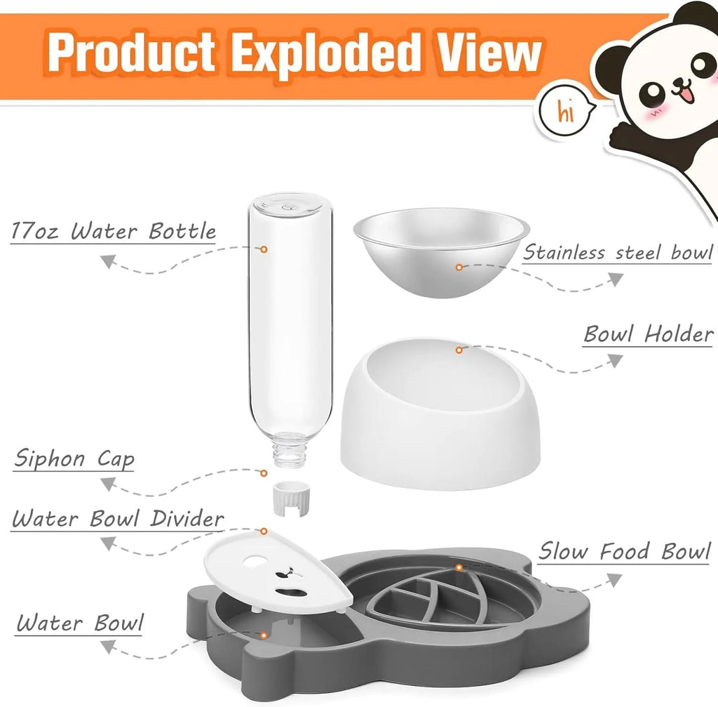 Elevated pet bowl set with panda design, stainless steel dish, and automatic water dispenser bottle