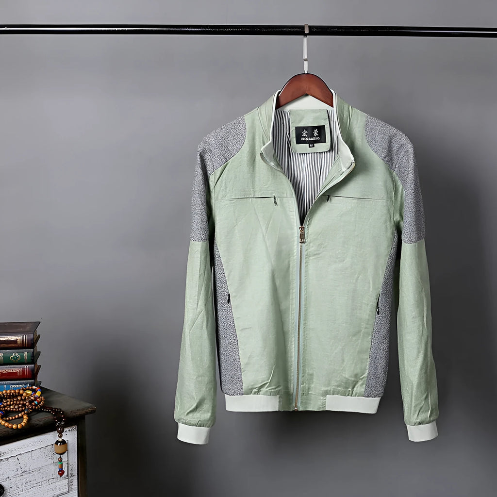 Men's thin blue cotton linen jacket for plus size leisure wear, showing regular fit.