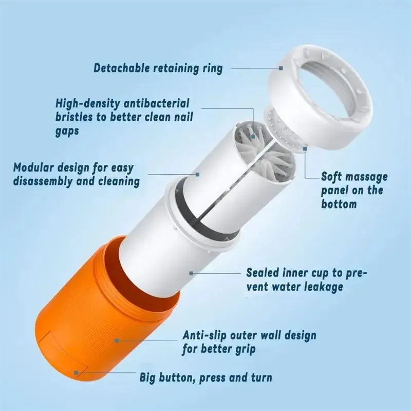 Semi-automatic pet foot washing cup in grey or orange, 14.5cm ABS paw cleaner with inner brush roller