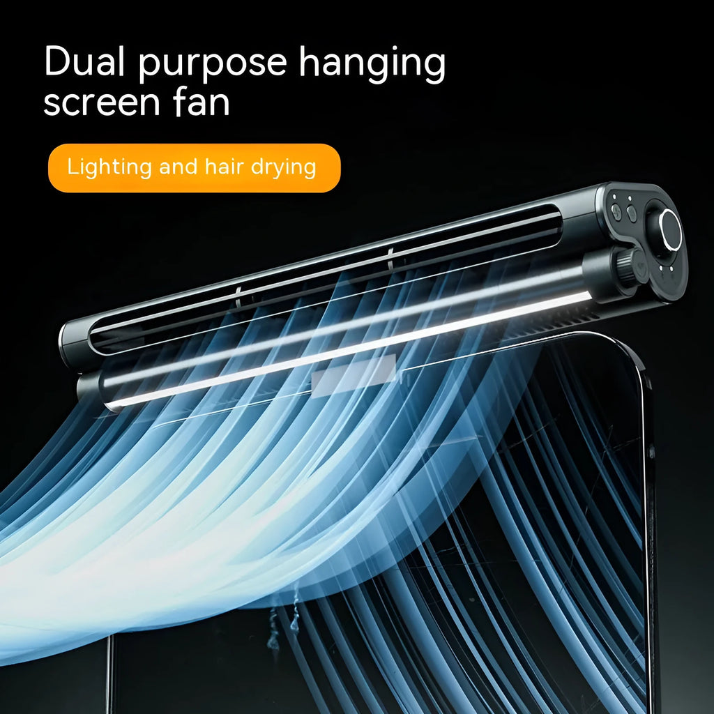 Black bladeless USB desk fan with clip-on screen attachment and adjustable LED lighting lamp