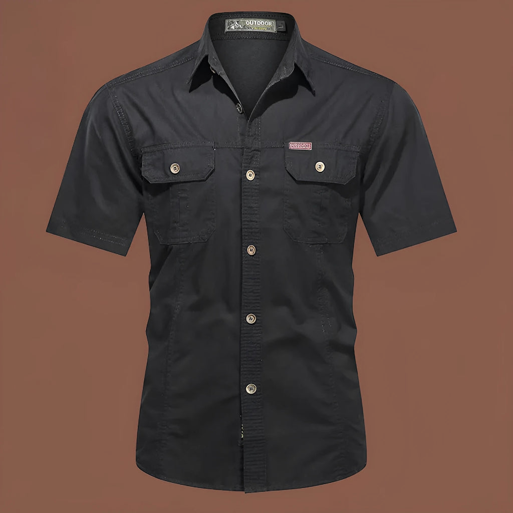 Men's loose-fit short sleeve cotton shirt in army green, laid flat showing cardigan style and non-iron fabric.