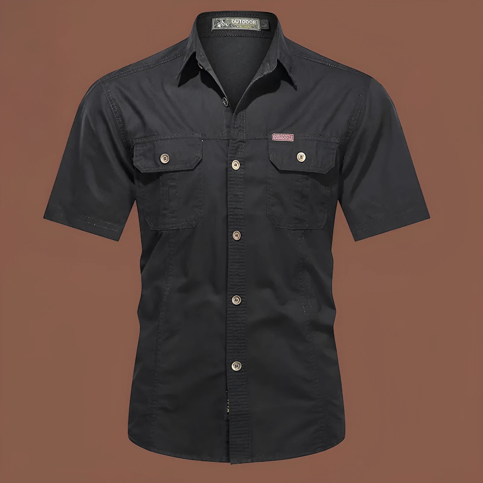 Men's loose-fit short sleeve cotton shirt in army green, laid flat showing cardigan style and non-iron fabric.
