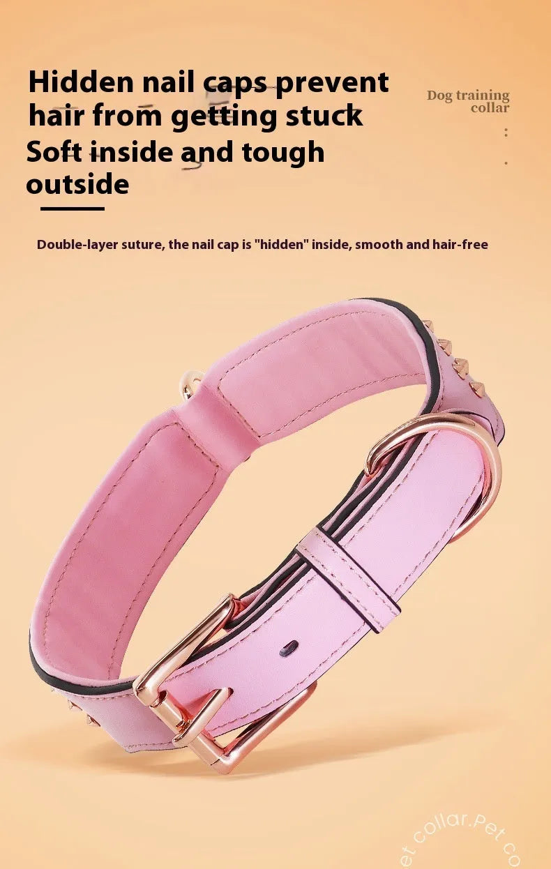 Leather dog collar with anti-bite rivets in black, chocolate, or pink colours