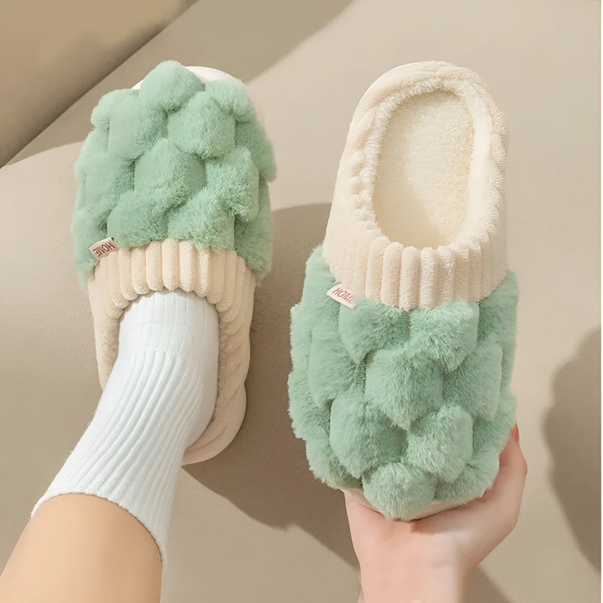 Plaid plush indoor slippers with artificial wool lining and non-slip PVC sole in grey, pink, coffee, green or white