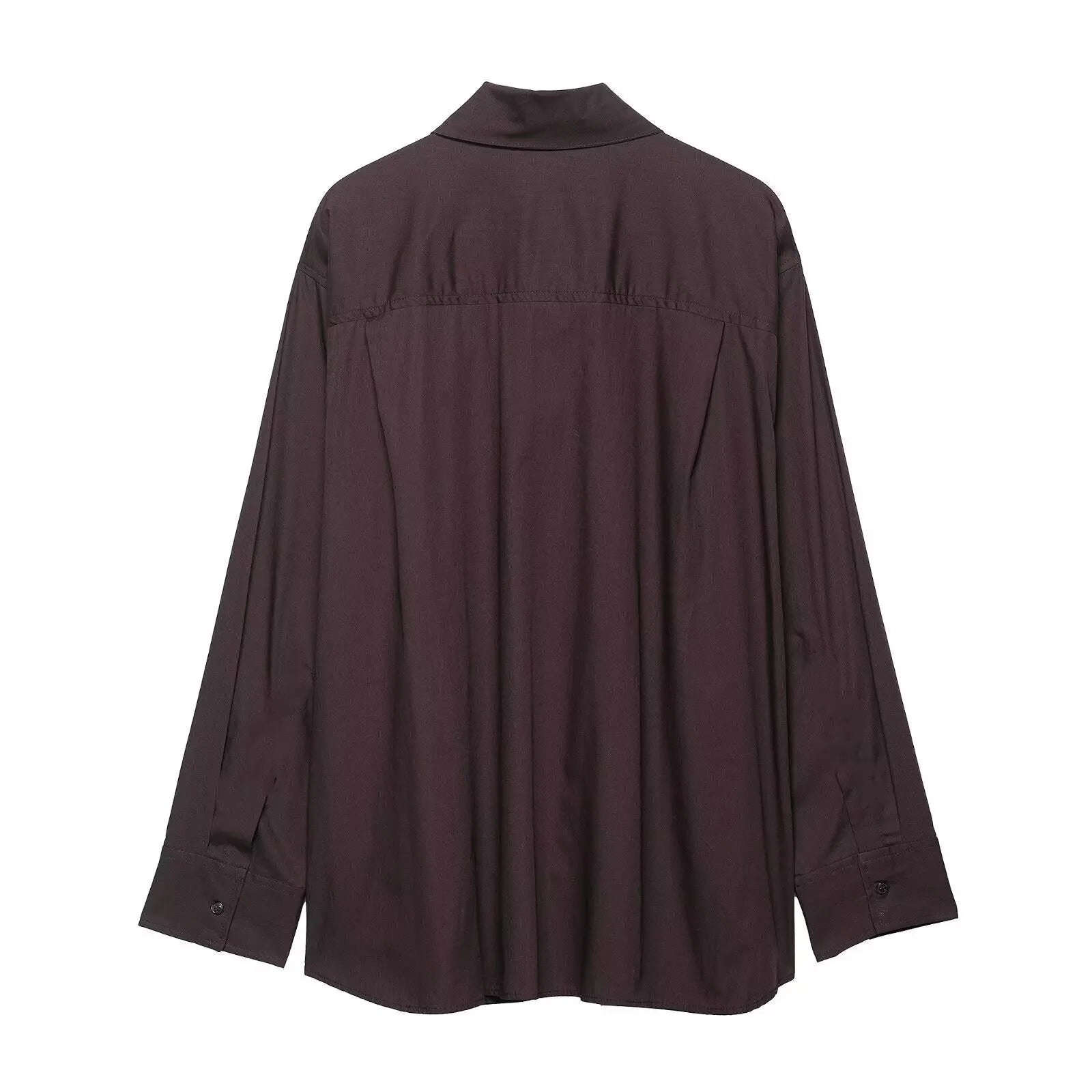 Brown women's long sleeve poplin shirt with a bow tie, shown in a loose cardigan style.