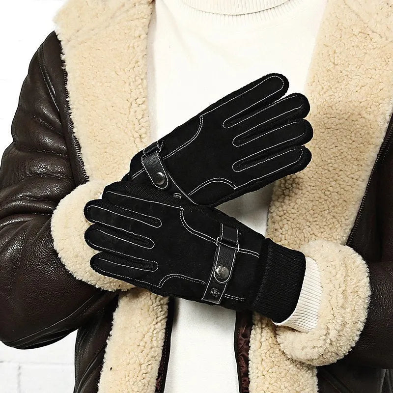 Men's warm genuine pigskin leather touch screen gloves in brown with fleece lining