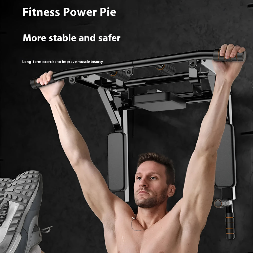 Black wall-mounted sandbag storage rack with integrated parallel bars for pull-up exercises