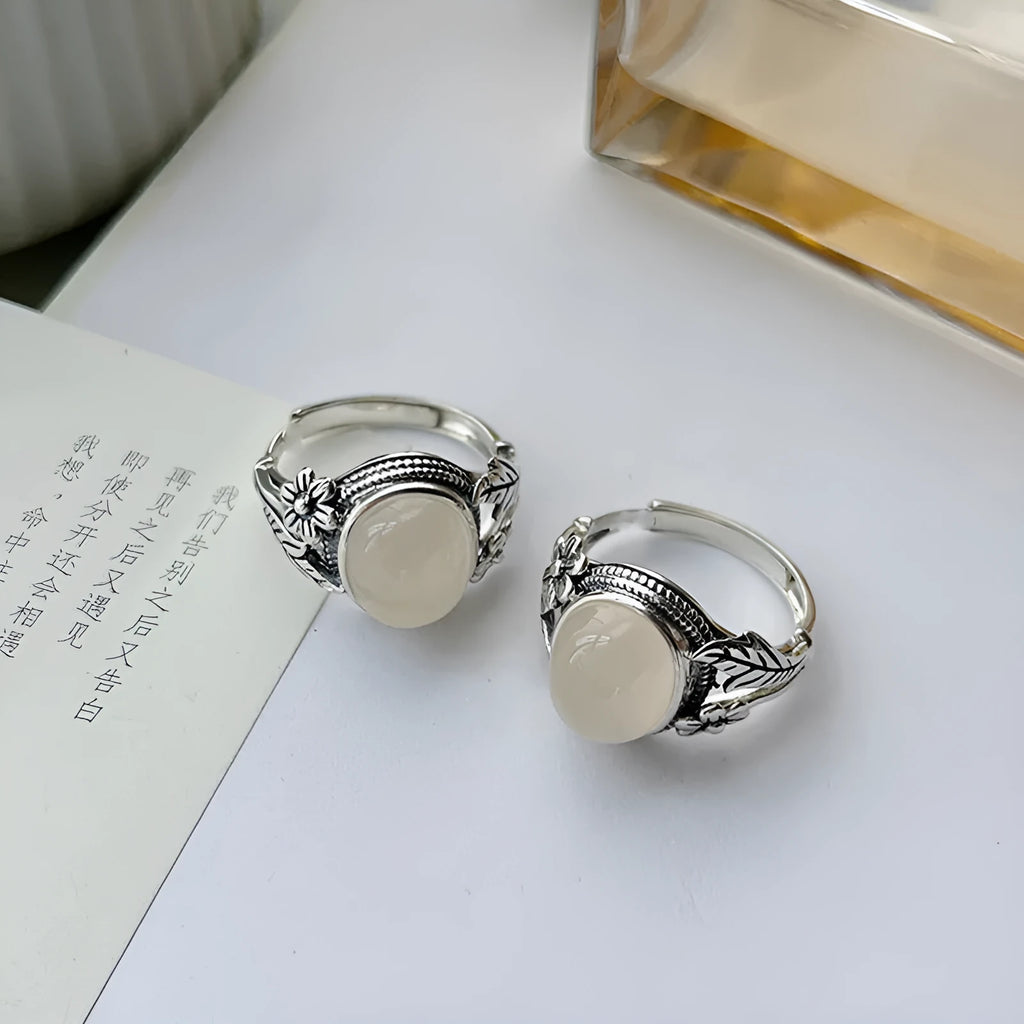 White chalcedony vintage ring with adjustable opening and antique copper finish