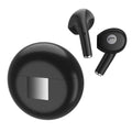 White Wireless Budz5 semi-in-ear Bluetooth headphones with a compact charging case on a solid background.