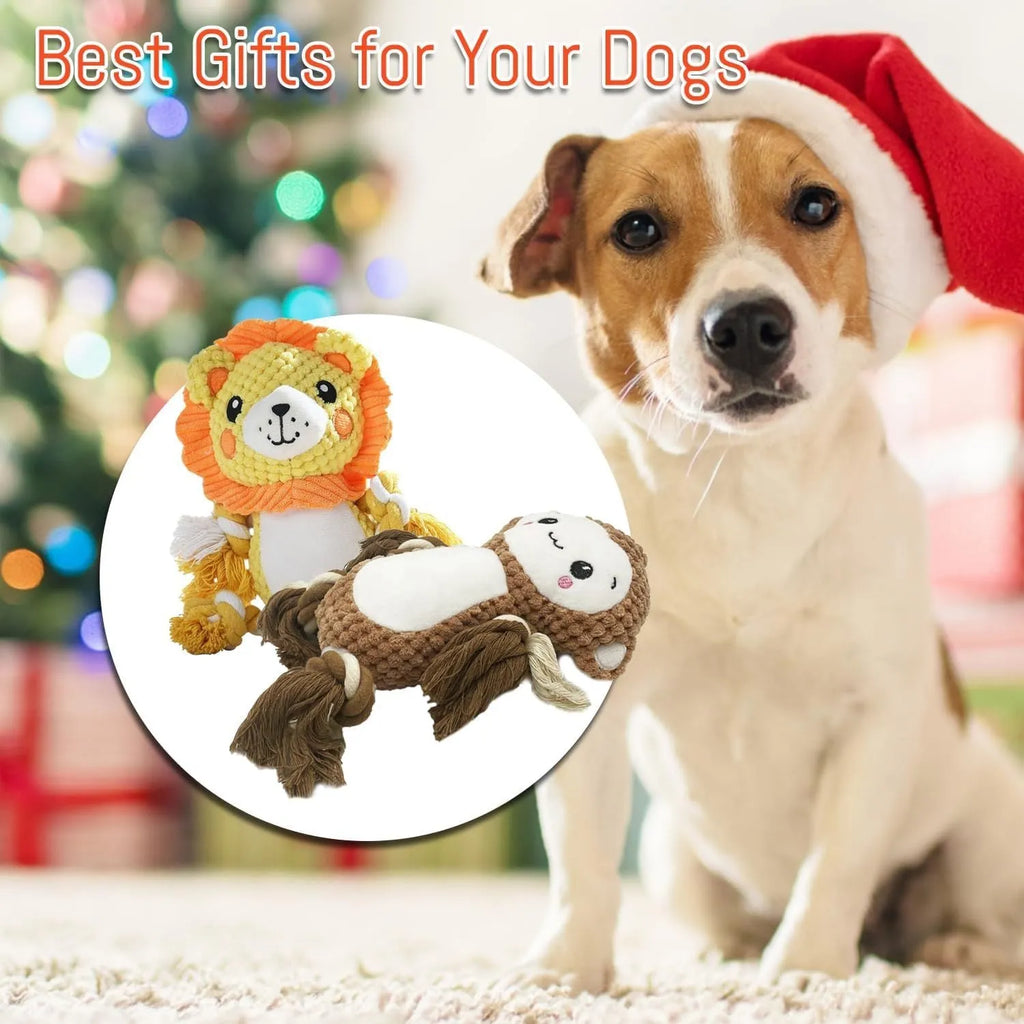 Lion and monkey stuffed squeaky dog toys with soft plush material and internal squeakers for medium to large breed dogs
