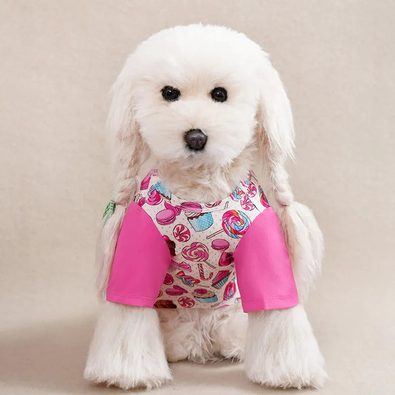 Polyester full printed dog T-shirt for small dogs in multiple colour options with size chart
