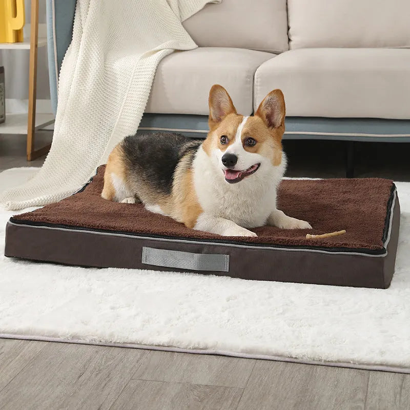 Removable washable sponge dog mat in brown colour on a wooden floor