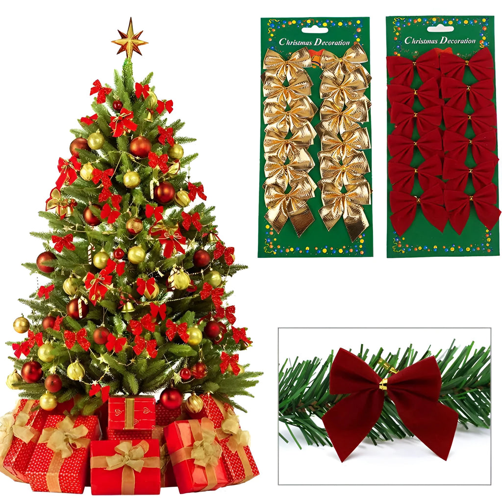 Red, gold, silver, and red gold 5 cm polyester Christmas tree bow ornaments.