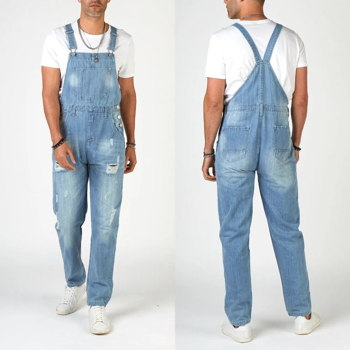 Light blue ripped men's jeans with suspenders, high waist, and straight leg opening.