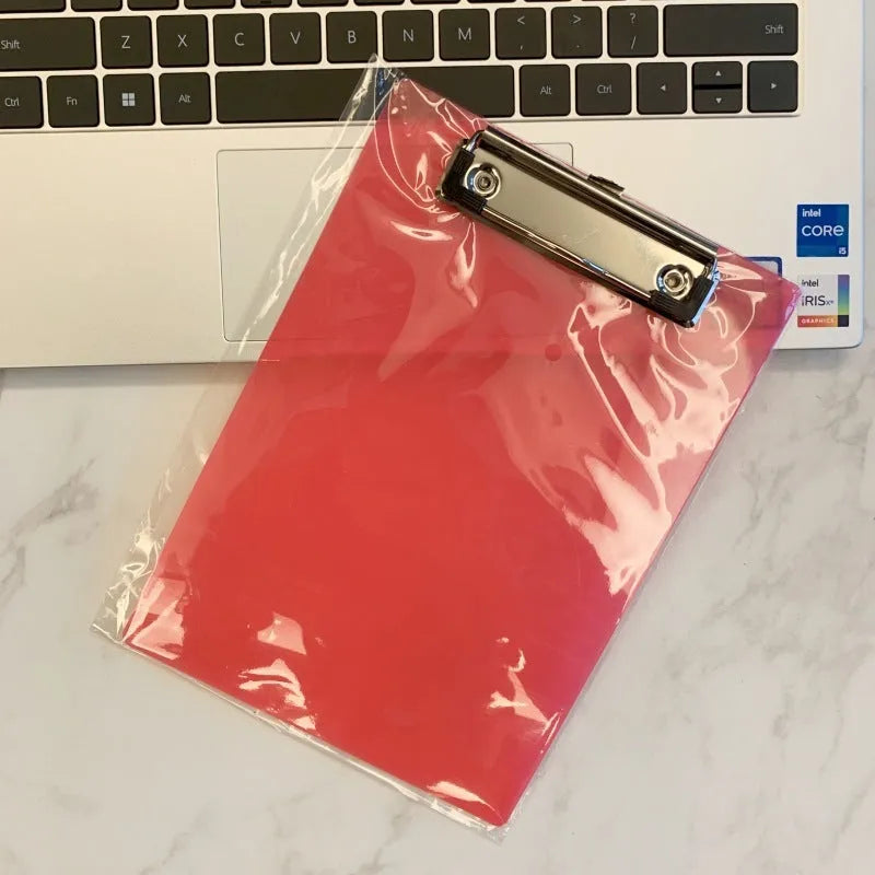Transparent A4 plastic clipboard with metal clip in blue, green, red or white colour options