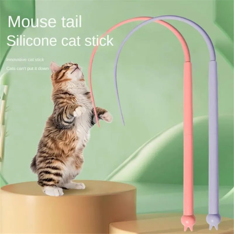 Blue cat teaser toy with silicone mouse tail and cat head handle for interactive play
