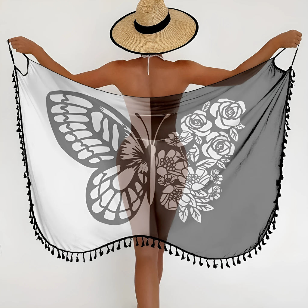 Women's cartoon print mesh bikini swimsuit with spandex lining in Black and White
