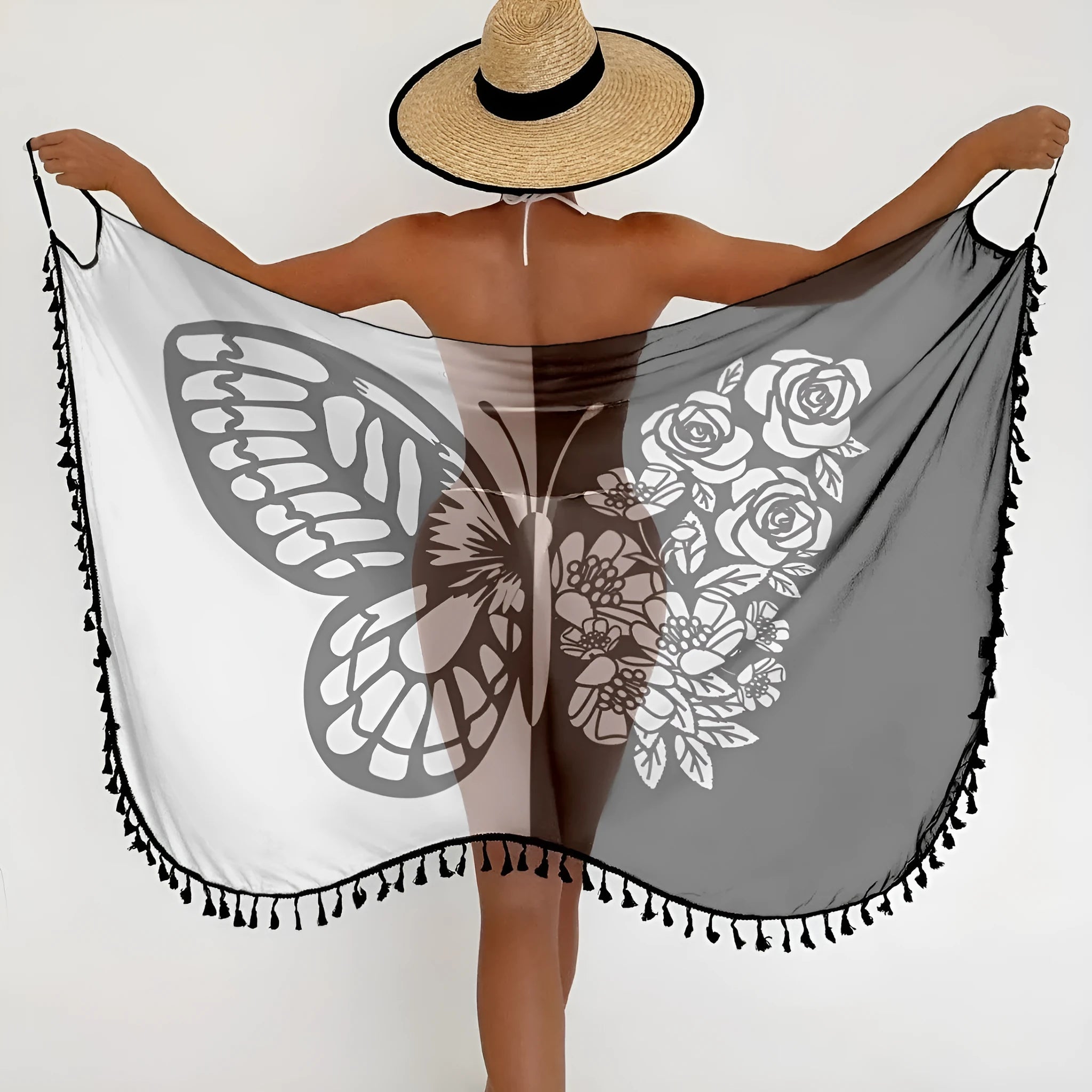 Women's cartoon print mesh bikini swimsuit with spandex lining in Black and White