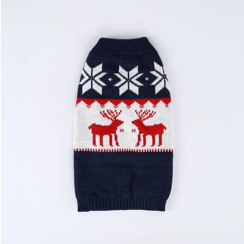 Navy blue knitted Christmas dog jumper on small to medium breed