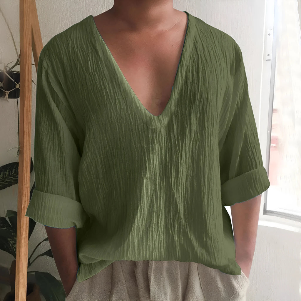 Men's long sleeve V-neck T-shirt in washed cotton and linen blend, solid colour options on hanger.