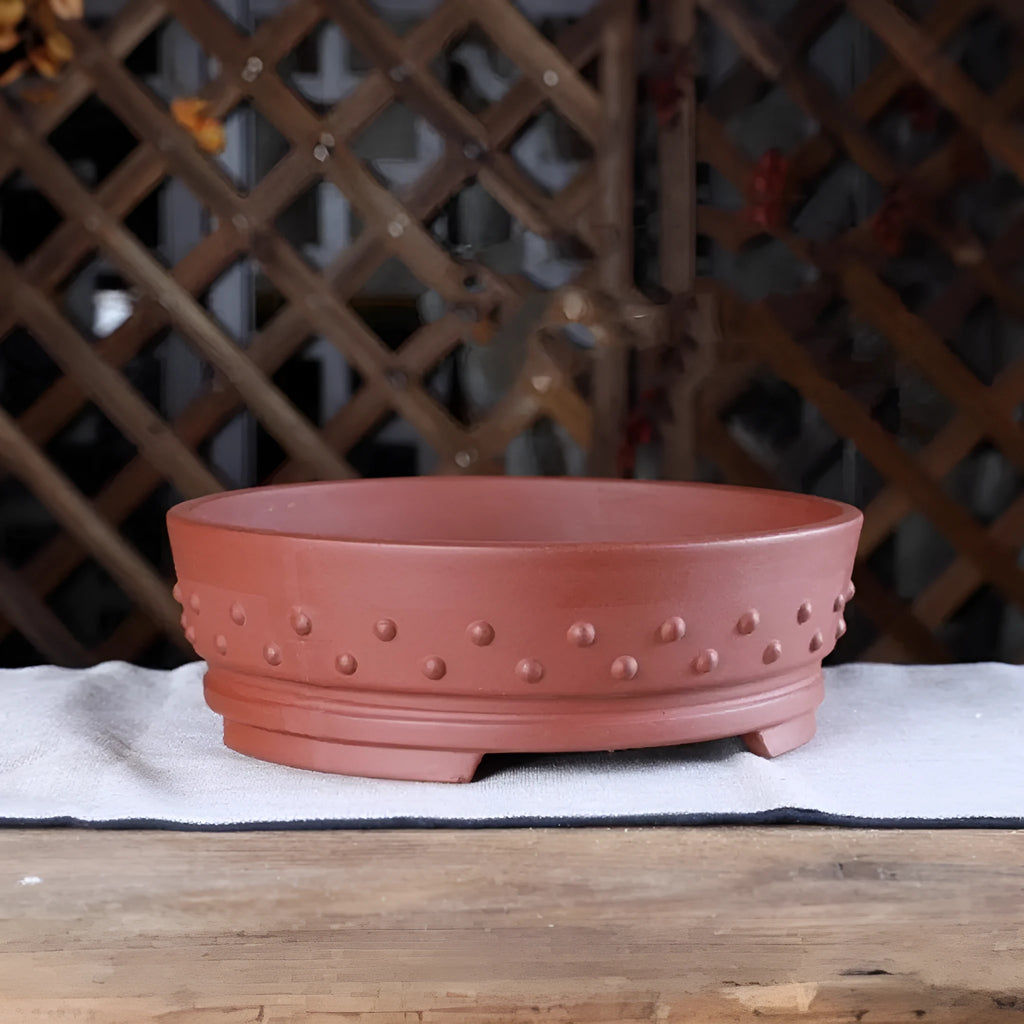 Chinese style ceramic flowerpot with drum nail shape, purple sand craft, 16.5cm inner diameter, plain cement or purple clay colour