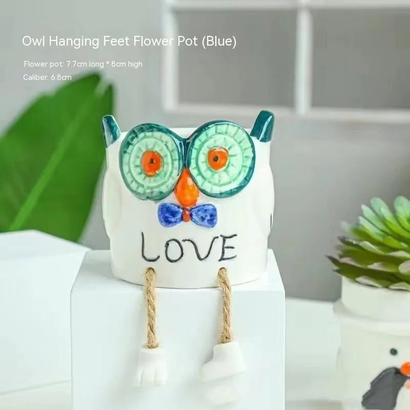 Ceramic hanging foot flowerpot in cartoon style for succulent plants on desktop