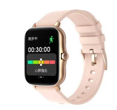 Smart watch with blue strap and 1.7-inch colour touch screen displaying time and heart rate.