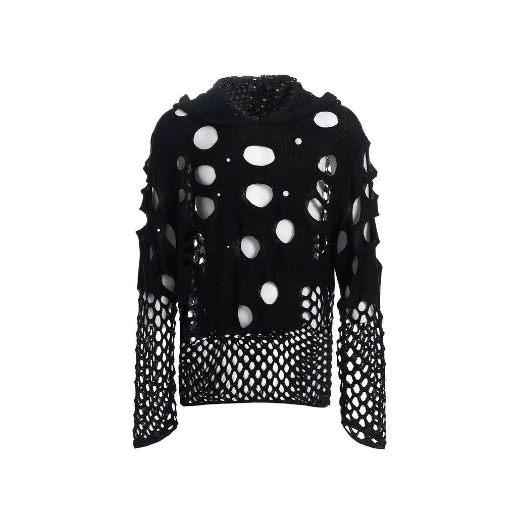 Black men's hooded sweater with pearl decorative detailing, loose fit with pullover closure
