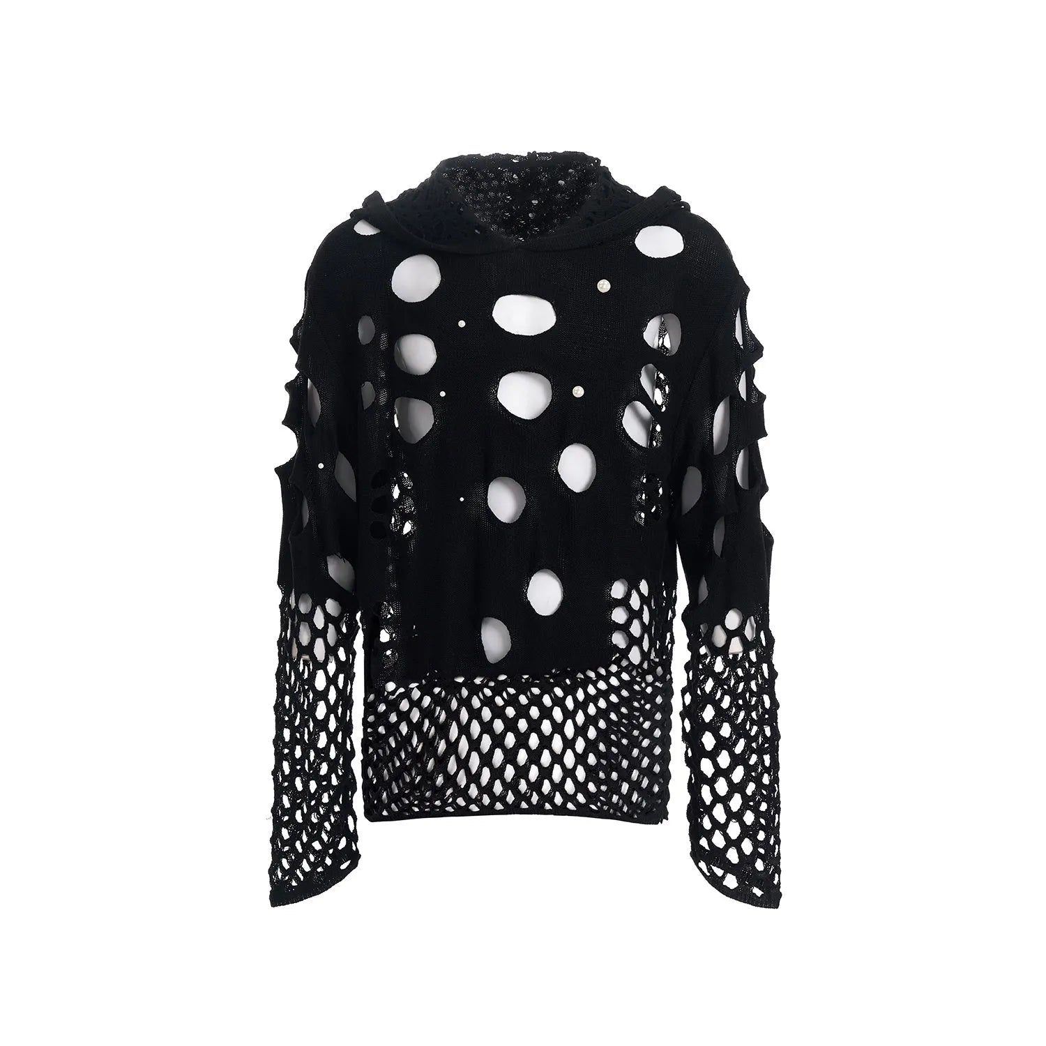 Black men's hooded sweater with pearl decorative detailing, loose fit with pullover closure