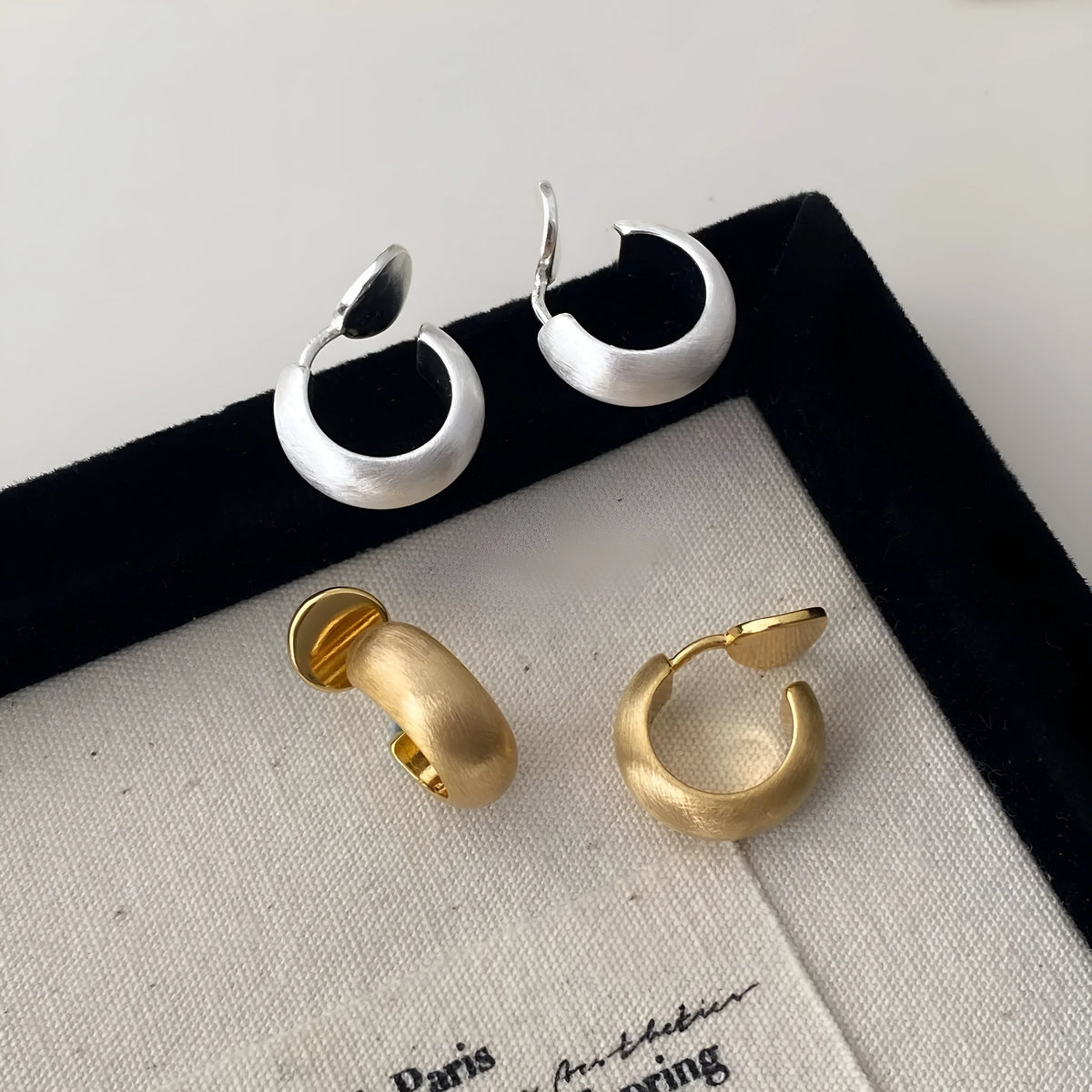 Geometric C-shaped frosted brushed copper earrings in gold or silver, ear clip or ear stud, 1 pair